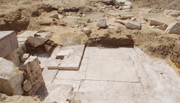 The remains of an ancient Egyptian pyramid that were discovered near the well-known bent pyramid of King Snefru in Dahshur, some 30 kilometres south of Cairo.
