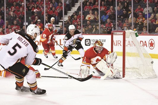 Anaheim Ducks defenseman Korbinian Holzer (No 5) scores a goal on Calgary Flames goalie Brian Elliot during the second period at Scotiabank Saddledome. PICTURE: USA TODAY Sports