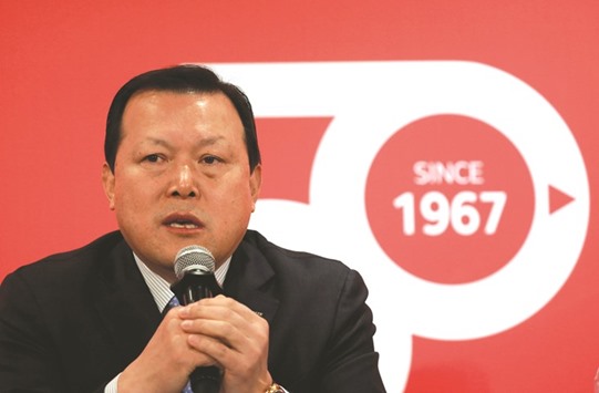 Hwang Kag-gyu, head of Lotte Corporate Innovation Office, speaks during a news conference in Seoul. Hwang said the planned IPO of Hotel Lotte would depend on its key duty-free business recovering from the US Terminal High Altitude Area Defence effect.