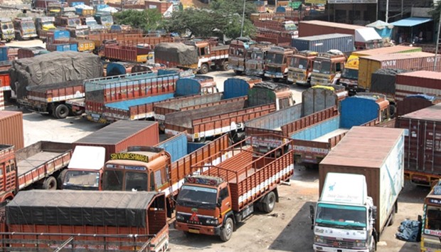 Lorries and trucks are parked at Yeshwanthpur Market, Bengaluru, yesterday as transporters across south India stayed off the roads after a strike called by the South India Motor Transport Association (SIMTA) to press for their demands including withdrawal of increase in the premium for third party insurance, hike in penalty and toll fees.
