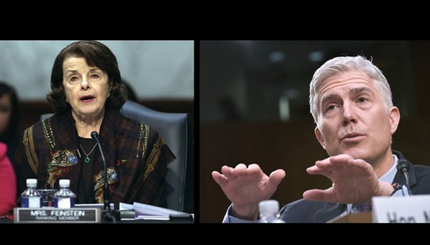 Senator Dianne Feinstein during a meeting to debate and vote on Supreme Court nominee Judge Neil Gorsuch (right).