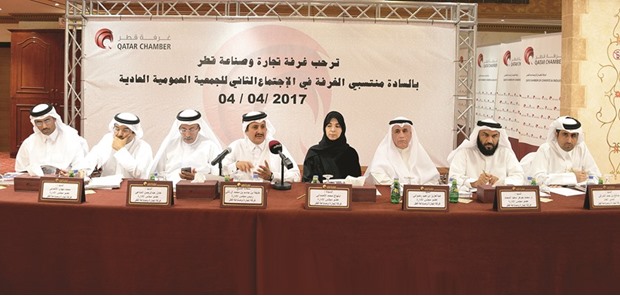 Sheikh Khalifa delivers a speech during the Qatar Chamberu2019s annual general meeting held yesterday.