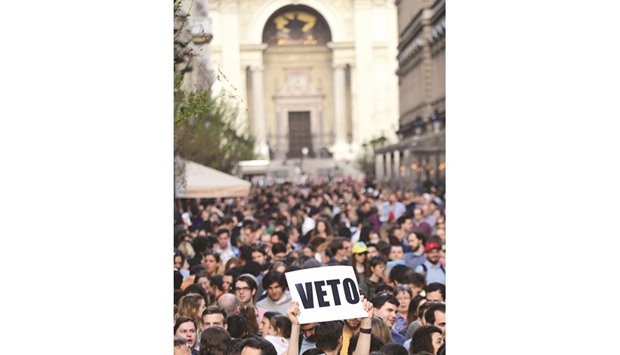 Students and teachers of the CEU and their sympathisers protest in front of the university in Budapest.