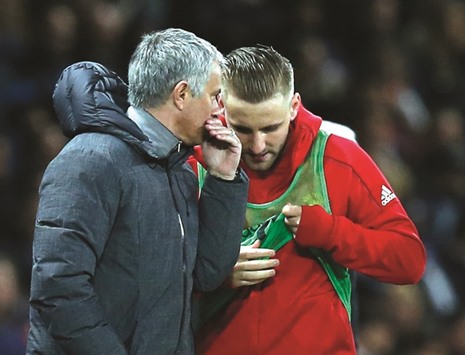 Manchester Unitedu2019s Luke Shaw speaks with manager Jose Mourinho. (Reuters)