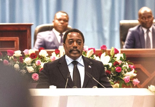 Congolese President Joseph Kabila yesterday addresses the upper and the lower chambers at the Palace of the People in Kinshasa yesterday.