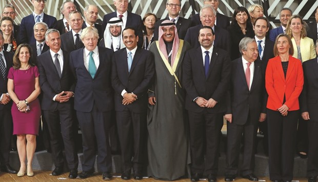 Canadau2019s Foreign Minister Chrystia Freeland, Switzerlandu2019s Federal Councillor Didier Burkhalter, British Foreign Secretary Boris Johnson, Qataru2019s Foreign Minister HE Sheikh Mohamed bin Abdulrahman al-Thani, Kuwait Foreign Minister Sabah al-Khalid al-Sabah, Lebanese Prime Minister Saad al-Hariri, United Nations Secretary-General Antonio Guterres and European Union foreign policy chief Federica Mogherini pose for pictures as they take part in an international conference on the future of Syria and the region, in Brussels, Belgium, yesterday.