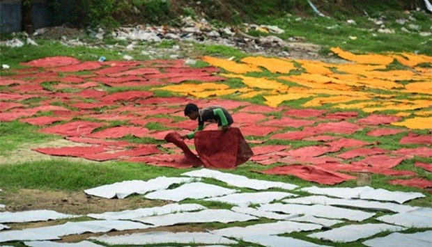 A Bangladeshi worker dries pieces of processed leather at a tannery in Dhaka on Thursday. 