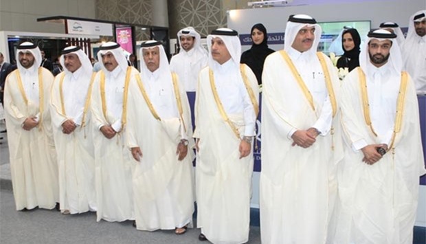 HE al-Mahmoud with HE al-Emadi and other senior ministers and dignitaries on the sidelines of 'Moushtrayat.'