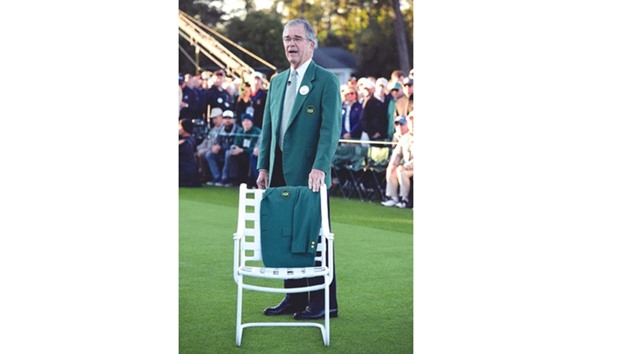 Chairman of Augusta National Golf Club William Porter u2018Billyu2019 Payne stands next to a Green Jacket on a chair in honour of Arnold Palmer during the first tee ceremony prior yesterday.  (Getty Images/AFP)