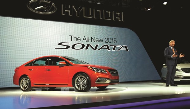 Dave Zuchowski, president and CEO of Hyundai North America, introduces the 2015 Hyundai Sonata at the New York International Auto Show on April 16, 2014. Hyundai and Kia have submitted a plan to recall 1.3mn vehicles due to an engine defect that could cause them to stall, the companies said in a statement yesterday.