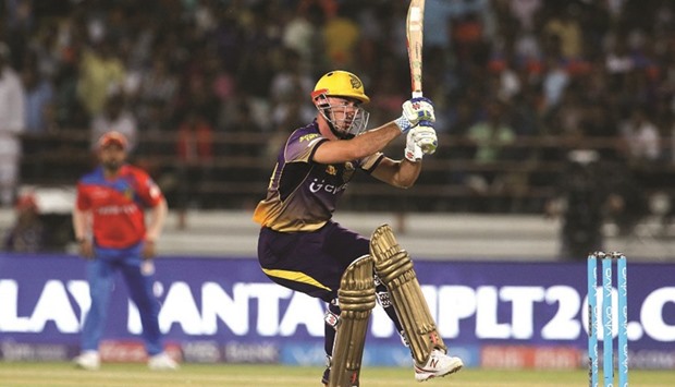 Chris Lynn of the Kolkata Knight Riders plays a shot during the Indian Premier League match against Gujarat Lions at the Saurashtra Cricket Association Stadium in Rajkot, India, yesterday. (BCCI)