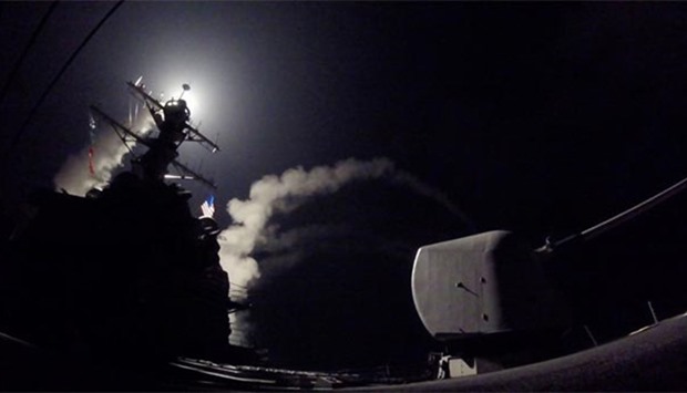 US Navy guided-missile destroyer USS Porter (DDG 78) conducts strike operations while in the Mediterranean Sea. The US Defense Department said it was a part of a cruise missile strike against Syria, early on Friday.