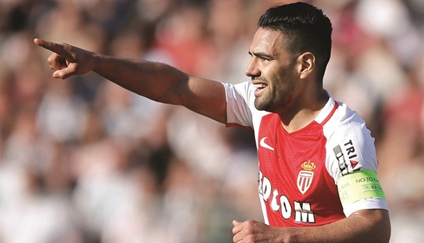 Monacou2019s Radamel Falcao celebrates after scoring against Angers yesterday. (Reuters)