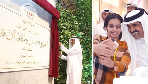 HH the Father Emir Sheikh Hamad bin Khalifa al-Thani inaugurates Mall of Qatar yesterday by unveiling a plaque. HH the Father Emir Sheikh Hamad bin Khalifa al-Thani shares a light moment during the mallu2019s inaugural event yesterday.