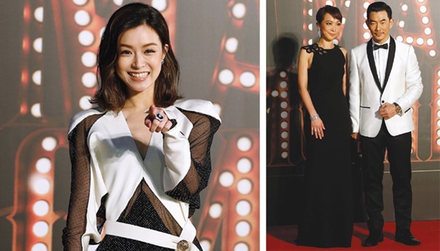 Actress Janice Man poses on the red carpet during the 36th Hong Kong Film Awards in Hong Kong. Right: Actor Richie Jen and his wife Tina Chen pose on the red carpet during the 36th Hong Kong Film Awards.