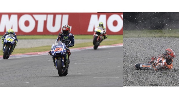 Yamaha rider Maverick Vinales (centre) celebrates upon winning the Grand Prix of Argentina ahead of teammate Valentino Rossi (left) and Cal Crutchlow on a Honda at Termas de Rio Hondo circuit, in Santiago del Estero, Argentina, yesterday. Right: Honda rider Marc Marquez slides through the gravel after falling from his bike during the MotoGP race at Termas de Rio Hondo circuit, in Santiago del Estero, Argentina, yesterday. (AFP)