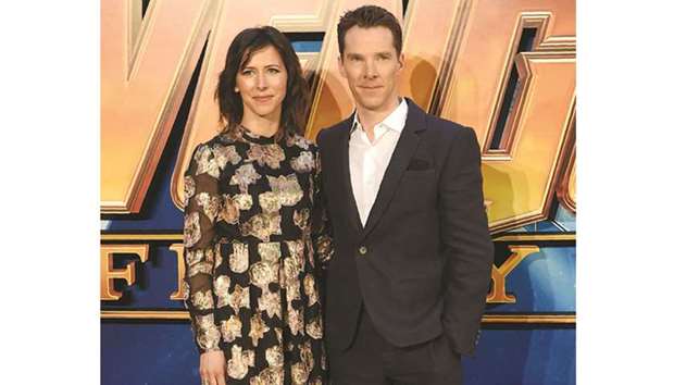 Actor Benedict Cumberbatch and his wife Sophie Hunter pose on the red carpet upon arrival to attend the Avengers: Infinity War UK Fan Event in White City, west London yesterday.