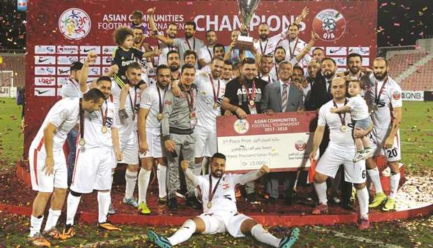 Lebanon players celebrate after winning the Sixth Asian Communities Football Tournament at the Al Arabi Stadium. PICTURE: Shemeer Rasheed