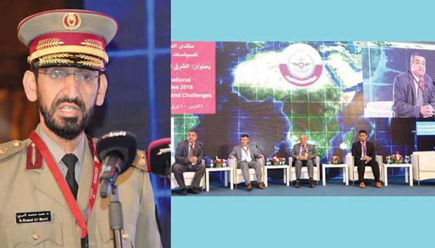 Major General Dr Hamad Mohamed al-Marri, Director of the Centre for Strategic Studies, addressing the opening session. Right: A panel discussion in progress at the opening session. PICTURES: Shaji Kayamkulam
