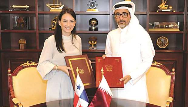 HE the Minister of Culture and Sport Salah bin Ghanem bin Nasser al-Ali and Panamau2019s Vice-Minister of Multilateral Affairs of the Ministry of Foreign Affairs Maria Luisa Navaro exchange documents after signing the agreement.
