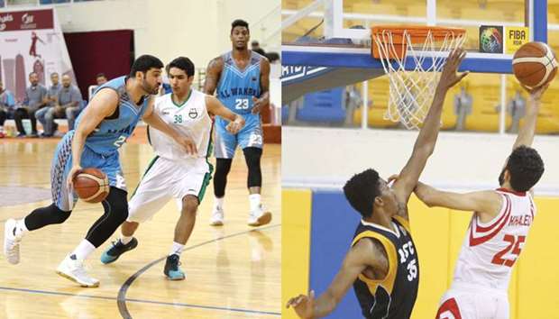 Al Wakrah and Al Ahli players vying for the ball during their Emir Cup basketball tournament match yesterday. Right: Action from Qatar Sports Club-Al Arabi match. PICTURES: Othman Khalid