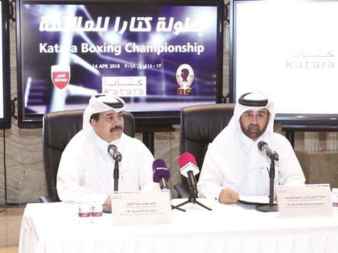 Qatar Boxing and Wrestling Federation president Yousef al-Kazim and Katara u2013 the Cultural Village Foundation general manager Dr Khalid bin Ibrahim al-Sulaiti address a press conference. PICTURE: Jayan Orma