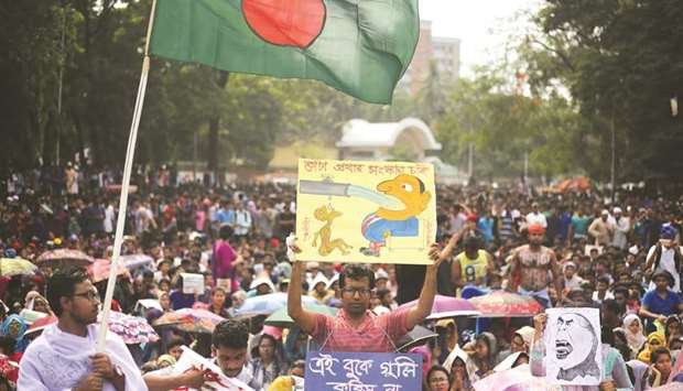Students gather for a protest against quotas for certain groups of people in government jobs in Dhaka yesterday.