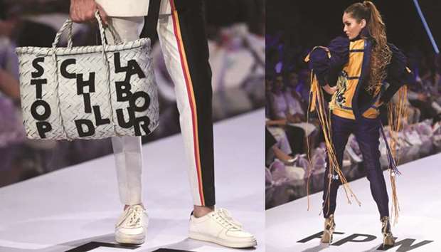 Models present creations by Pakistani designers Hassan Riaz.