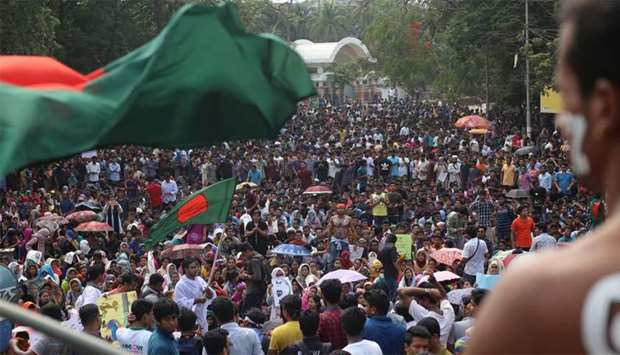 Bangladeshi students gather for a protest against quotas for certain groups of people in government jobs in Dhaka