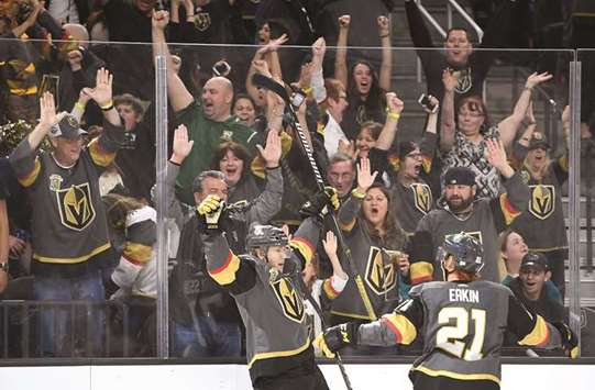 Vegas Golden Knights centre William Karlsson (left) celebrates with Vegas Golden Knights centre Cody Eakin after scoring a third period goal against the San Jose Sharks at T-Mobile Arena in Las Vegas. PICTURE: USA TODAY Sports