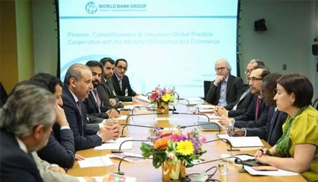 HE the Minister of Economy and Commerce Sheikh Ahmed bin Jassim bin Mohamed al-Thani met with World Bank vice-president - Mena, Hafez Ghanem in Washington, DC, on Wednesday. The meeting was attended by HE Faisal bin Qassem al-Thani, chairman, Qatari Businessmen Association; Abdul Aziz al-Khalifa, CEO, Qatar Development Bank; Rashid al-Mansouri, CEO, Qatar Stock Exchange; and representatives of major Qatari financial institutions and some prominent Qatari businessmen.