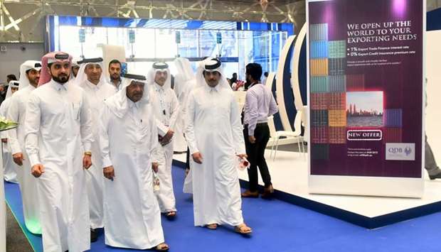 QBA chairman Sheikh Faisal bin Qassim al-Thani tours the exhibition floor of QSSE 2018 with organisers and other officials. PICTURE: Jayan Orma.