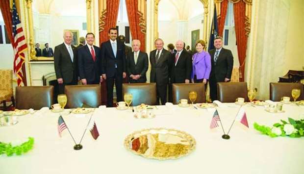 His Highness the Emir Sheikh Tamim bin Hamad al-Thani meeting the Chairman of the US Senate Committee on Foreign Relations Bob Corker, ranking member of the Senate Foreign Relations Committee Bob Menendez, and other members of the committee at the Congress in Washington on Wednesday.