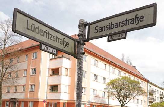 This picture taken yesterday shows street signs with the names u2018Luederitzstrasseu2019 and u2018Sansibarstrasseu2019 in the so-called African Quarter of northwest Berlin.