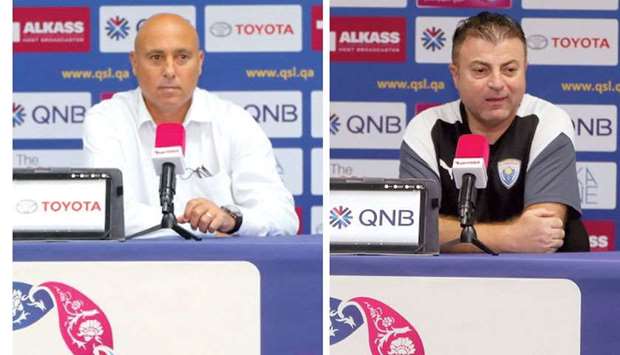 Al Wakrah coach Marquez Lopez (left) and Al Kharaitiyat manager Yasser Sebaei.