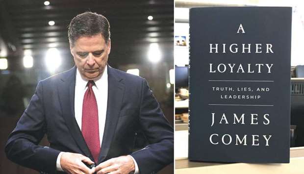Comey (left) had been investigating allegations that Russia meddled in the 2016 presidential election and possible collusion between Russians and the Trump campaign. Right: A copy of former Federal Bureau of Investigation (FBI) director James Comeyu2019s book A Higher Loyalty is seen in New York City.