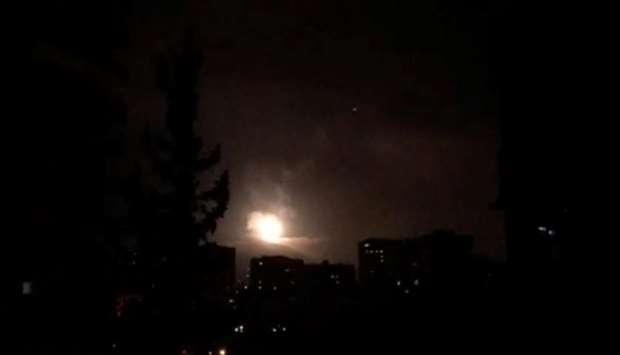 Syria air defences strike back after air strikes by US, British and French forces in Damascus, Syria in this still image obtained from video dated early today. Reuters