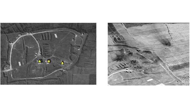 These images released by the US Department of Defense show the damage assessment at the Him Shinsar chemical weapons storage site before (left) and after (right) following air strikes against Syria.