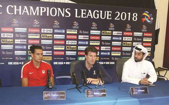 Al Rayyan coach Michael Laudrup (centre) addresses a press conference on the eve of their AFC Champions League match against Al Ain yesterday. PICTURES: Anas Khalid and Shemeer Rasheed