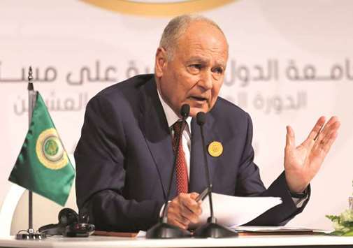 Secretary-General of Arab League, Ahmed Aboul Gheit, speaks during a news conference after the 29th Arab Summit in Dhahran yesterday.