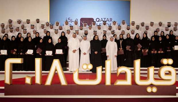 Group photo of Qatar Leadership Centreu2019s honorees, along with HE Sheikha Al Mayassa bint Hamad bin Khalifa al-Thani and the Centreu2019s board members.