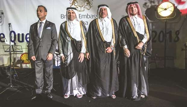 From left: British ambassador Ajay Sharma, Qataru2019s Minister of Education and Higher Education HE Dr Mohamed Abdul Wahed Ali al-Hammadi, Minister of Transport and Communications HE Jassim Seif Ahmed al-Sulaiti and Foreign Affairsu2019 Chief of Protocol Ibrahim Yousif Abdullah Fakhro at the 92nd birthday celebration of Queen Elizabeth II at the British embassy in Doha last week.