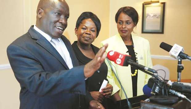 (From left) Kenyan commissioners Paul Kurgat, Margaret Mwachanya and Nkatha Maina from Kenyau2019s Independent Electoral and Boundaries Commission address a news conference in Nairobi yesterday.