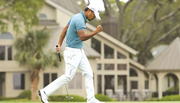 Satoshi Kodaira of Japan reacts after making his birdie putt on the third playoff hole on the 17th green during the final round of the 2018 RBC Heritage in Hilton Head Island, South Carolina, on Sunday. (AFP)