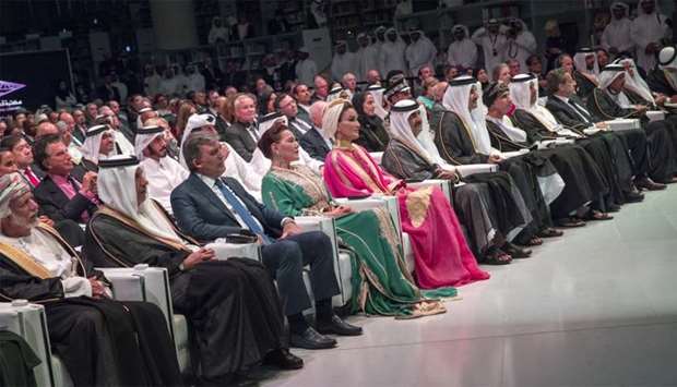His Highness the Emir Sheikh Tamim bin Hamad al-Thani, His Highness the Father Emir Sheikh Hamad bin Khalifa al-Thani, Her Highness Sheikha Moza bint Nasser and other dignitaries at the grand opening ceremony of Qatar National Library on Monday. PICTURE: AR Al-Baker/HHOPL