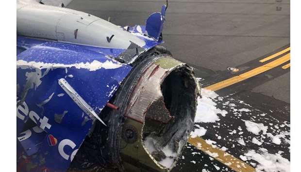 The engine of a Southwest Airlines plane after an emergency landing at Philadelphia