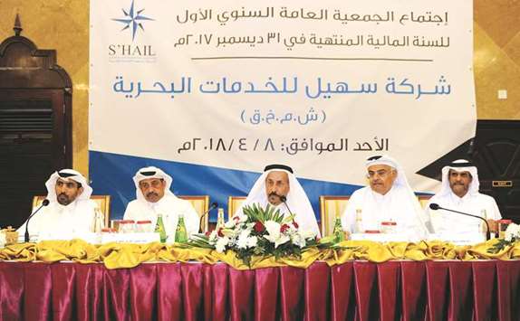 Al-Sada and Su2019hail Shipping and Maritime Services Company directors at the companyu2019s AGM at Sultan Beach Hotel in Al Khor recently.