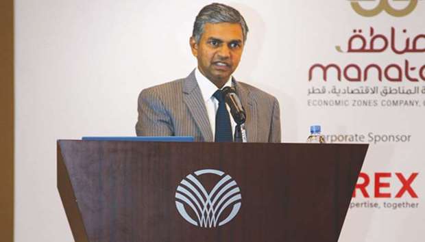 Indian ambassador P Kumaran addressing the Qatar India Business and Investment Conference in Doha yesterday.