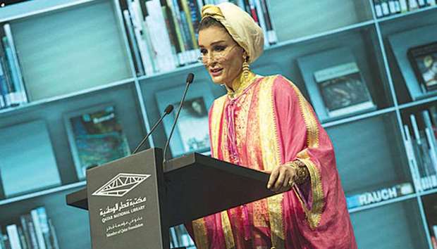 Her Highness Sheikha Moza bint Nasser, Chairperson of Qatar Foundation (QF),  speaking at the inaugural ceremony of Qatar National Library (QNL) yesterday. Her  Highness highlighted the historical importance of the libraries in the region and QNLu2019s role as an institution of reference for Islamic and Arab heritage. PICTURE: AR Al-Baker/HHOPL