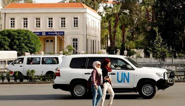 The United Nation vehicle carrying the Organisation for the Prohibition of Chemical Weapons (OPCW) inspectors is seen in Damascus